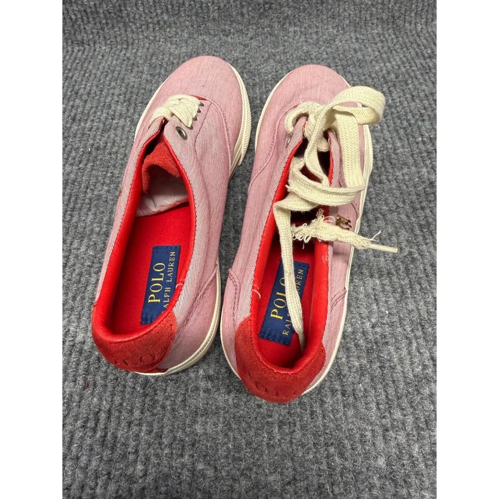 Polo Ralph Lauren Pink Seersucker‎ Canvas Low Top Sneakers Red Trim Mens 10.5